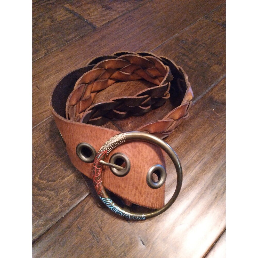 Handcrafted Braided Leather Belt with‎ Vintage Bronze O-Ring Buckle Bohemian